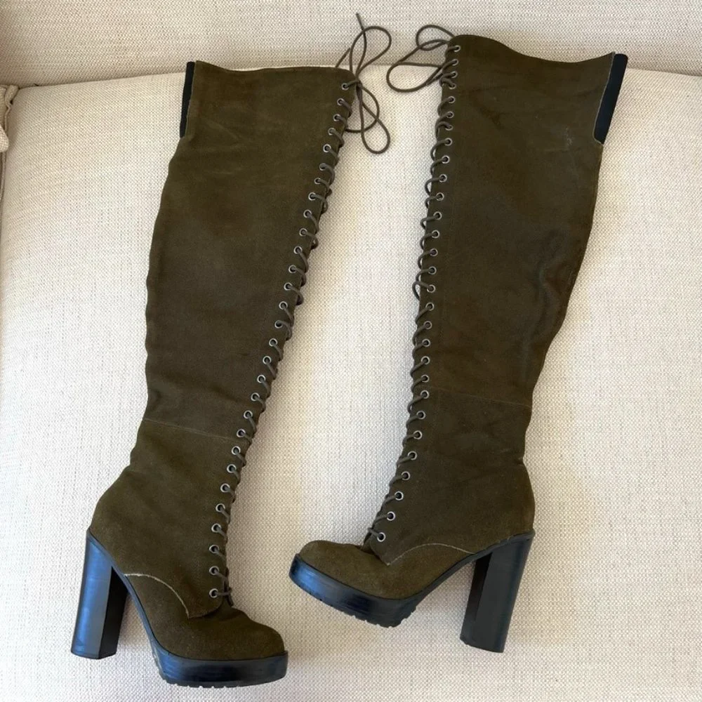 ALDO Olive Green Suede Over-the-Knee Lace-Up Heeled Boots
